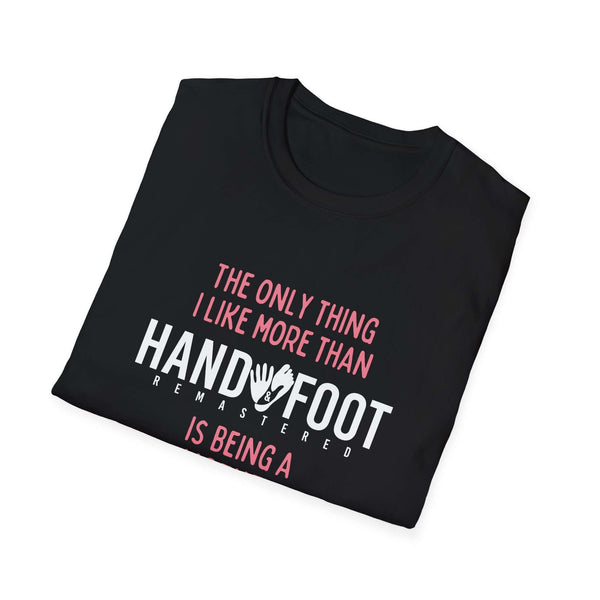 Black 'Hand & Foot Remastered' Being a Mother T-Shirt, perfect gift for mothers, made from 100% ring-spun cotton for comfort.