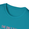 Close-up of teal Being a Mother Softstyle T-Shirt showcasing text detail and soft cotton fabric