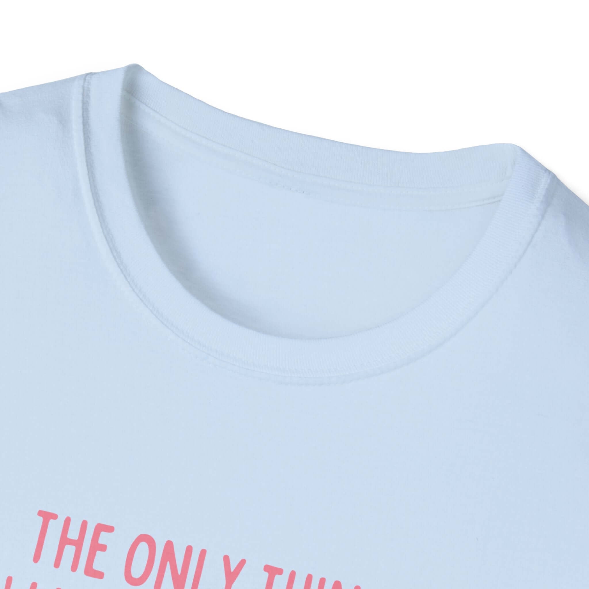 Close-up of Being a Mother Softstyle T-Shirt neckline with printed text, showcasing comfortable 100% ring-spun cotton fabric.