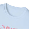 Close-up of Being a Mother Softstyle T-Shirt neckline with printed text, showcasing comfortable 100% ring-spun cotton fabric.