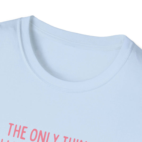 Close-up of Being a Mother Softstyle T-Shirt neckline with printed text, showcasing comfortable 100% ring-spun cotton fabric.