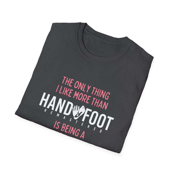 Black 'Being a Mother' Softstyle T-Shirt folded with white and pink text print.