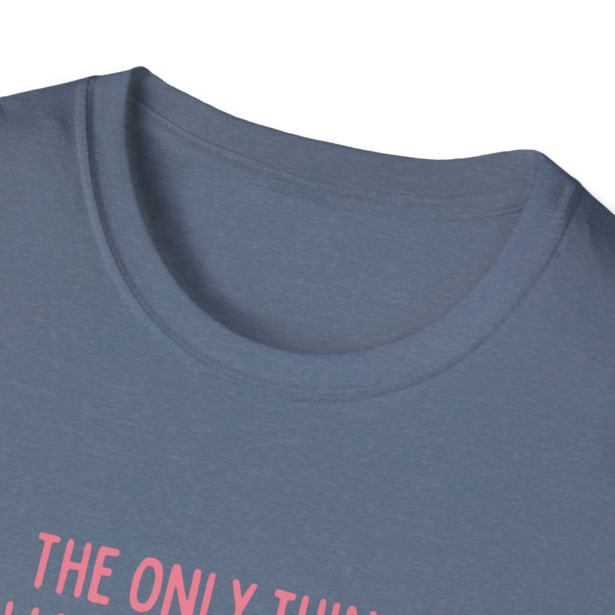 Close-up view of Being a Mother Softstyle T-Shirt, showing text details and neckline design in grey fabric.