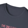 Close-up of Being a Mother Softstyle T-Shirt with text detail, showcasing comfortable fabric and elegant neckline.