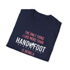Navy blue T-shirt with 'The only thing I like more than hand/foot remastered is being a' printed in white and pink text.