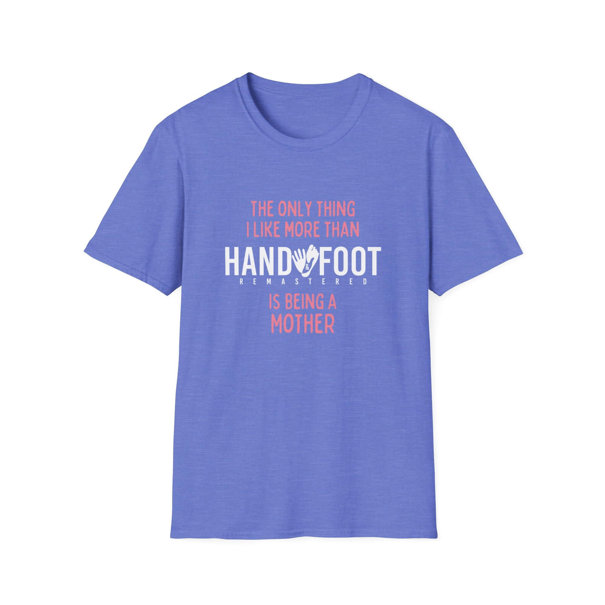 Blue Being a Mother Softstyle T-Shirt with hand and foot print design, perfect Mother's gift, 100% ring-spun cotton, unisex style.