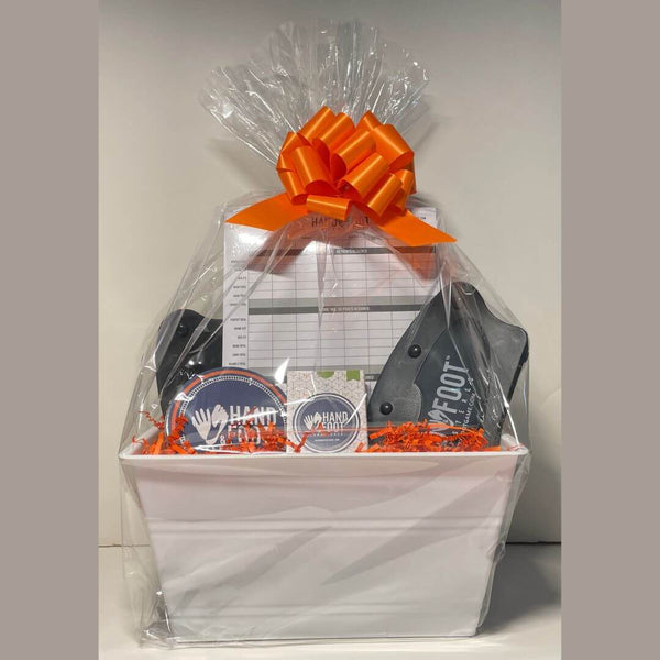 Hand & Foot Remastered Accessory Gift Set in a decorative basket with a bow, includes score pad and card holders.