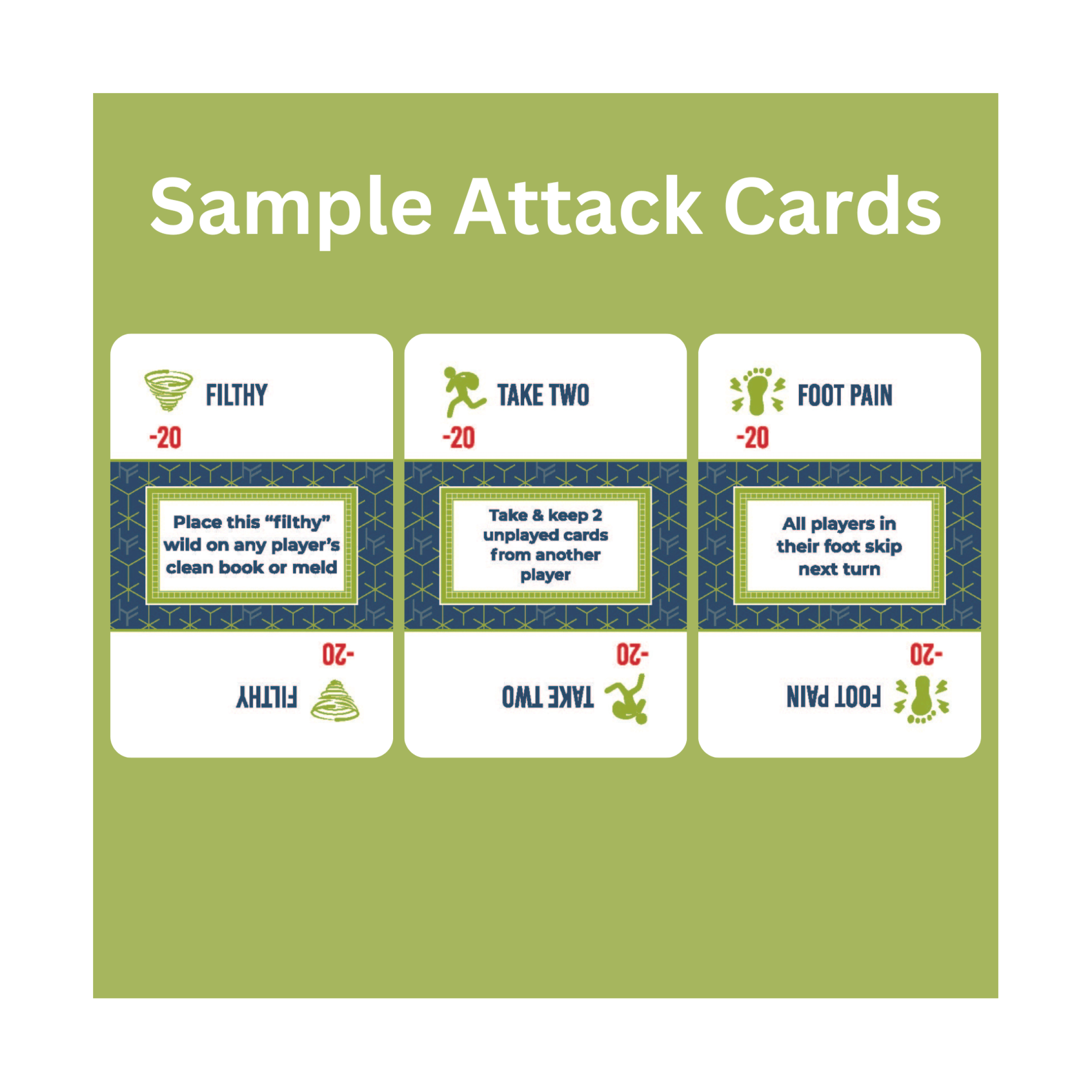 Sample attack cards from Hand & Foot Remastered game featuring unique effects and player interactions.