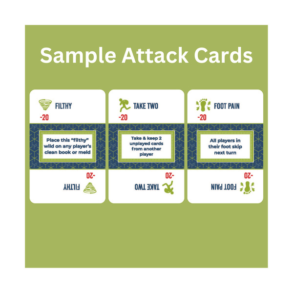 Sample attack cards from Hand & Foot Remastered game featuring unique effects and player interactions.