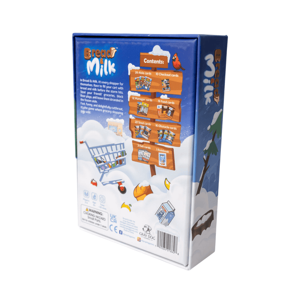 Back of Bread & Milk Family Card Game - Ages 8+ showing box with contents list and playful winter grocery shopping theme.