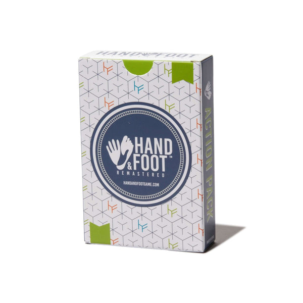 Hand & Foot Remastered Action Pack card game box with colorful design and logo.