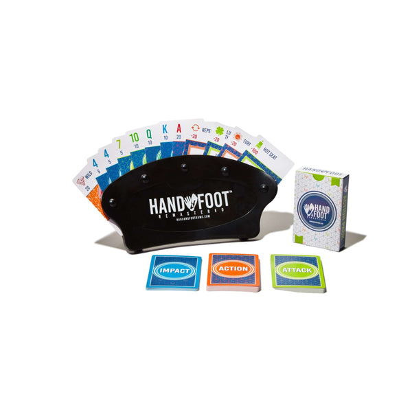 Hand & Foot Remastered Action Pack with cards and card holder, featuring new gameplay twists and exciting surprises.