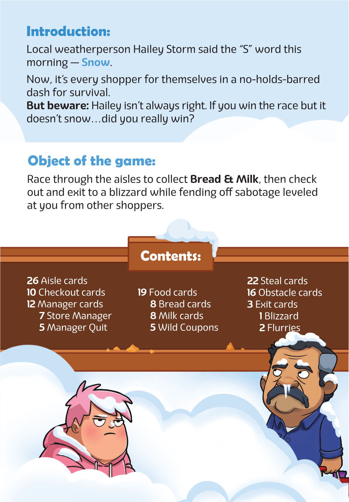 Bread & Milk Family Card Game - Ages 8+ introduction and game contents overview with cartoon characters concerned about a snowstorm.