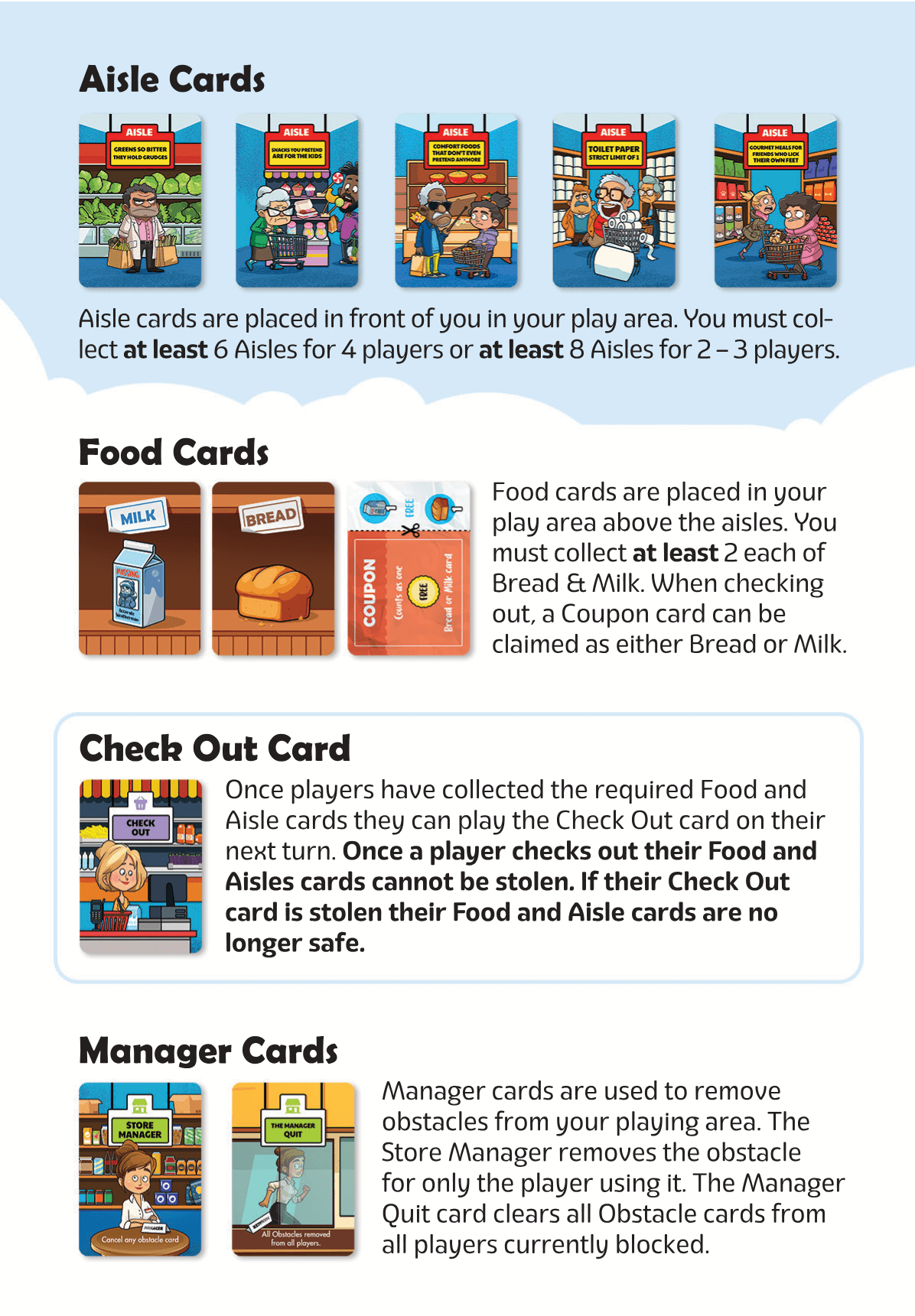 Bread & Milk Family Card Game - Ages 8+ game instructions showing aisle cards, food cards, check out card, and manager cards.