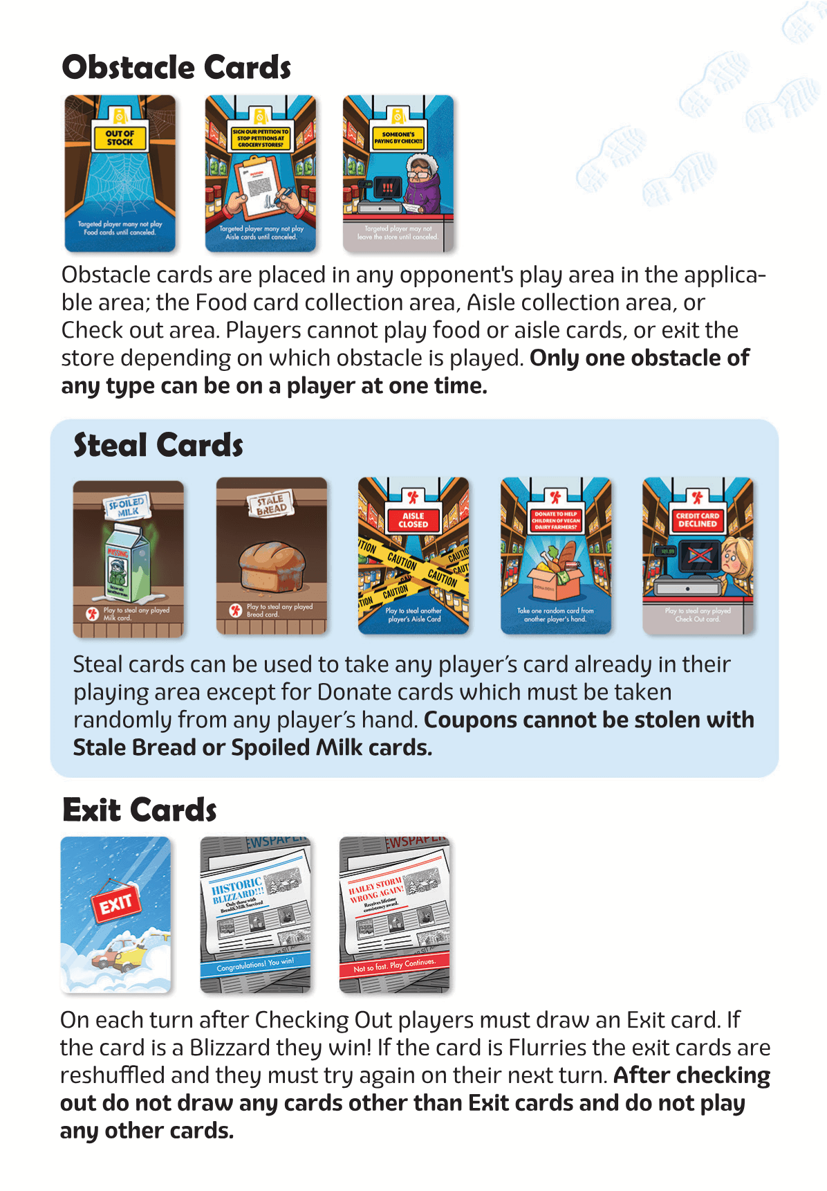 Bread & Milk Family Card Game - Ages 8+ obstacle, steal, and exit cards overview
