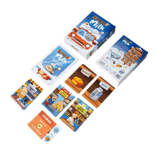 Bread & Milk Family Card Game - Ages 8+, featuring cards and game box with grocery store theme.