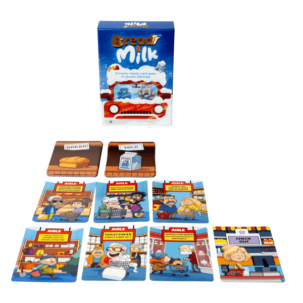 Bread & Milk Family Card Game - Ages 8+ featuring game box and playing cards spread out on a white background.