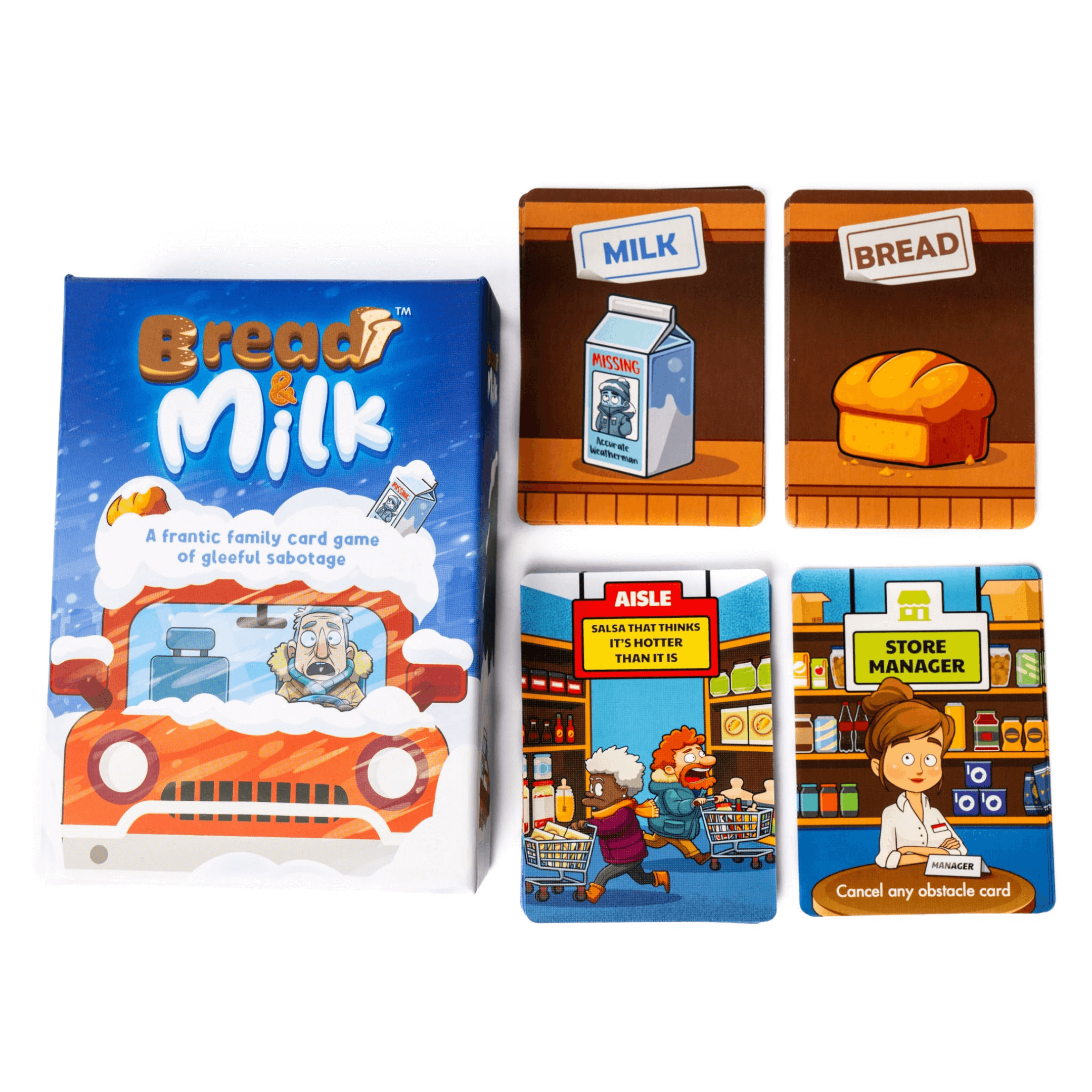 Bread & Milk Family Card Game - Ages 8+ box with illustrated cards showing milk, bread, aisles, and a store manager character.