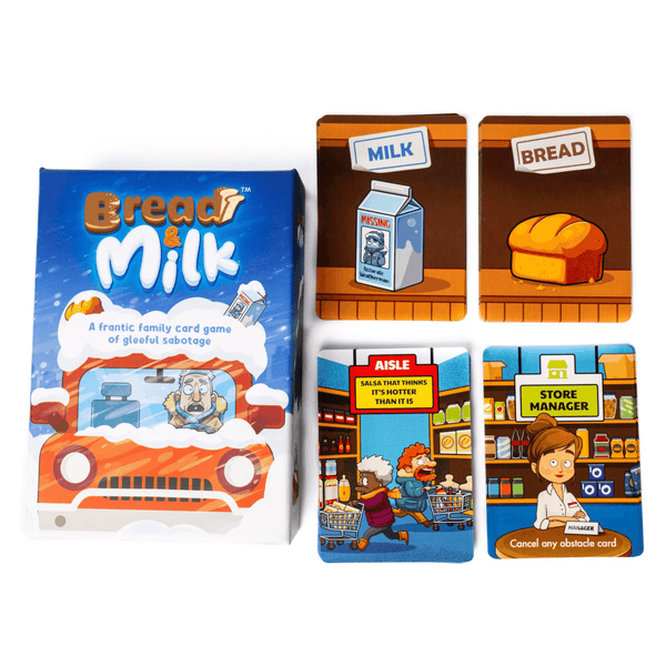 Bread & Milk Family Card Game - Ages 8+ box with illustrated cards showing milk, bread, aisles, and a store manager character.