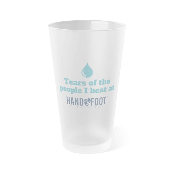 Tears of the People I Beat 16 oz Frosted Pint Glass with playful text, ideal for gatherings and gifts, 16oz glassware.