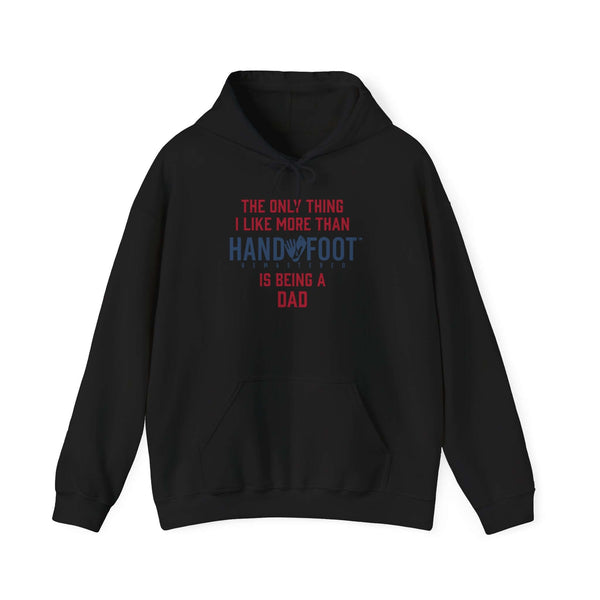Black hooded sweatshirt with playful dad message and kangaroo pouch pocket for comfort and fun casual style.