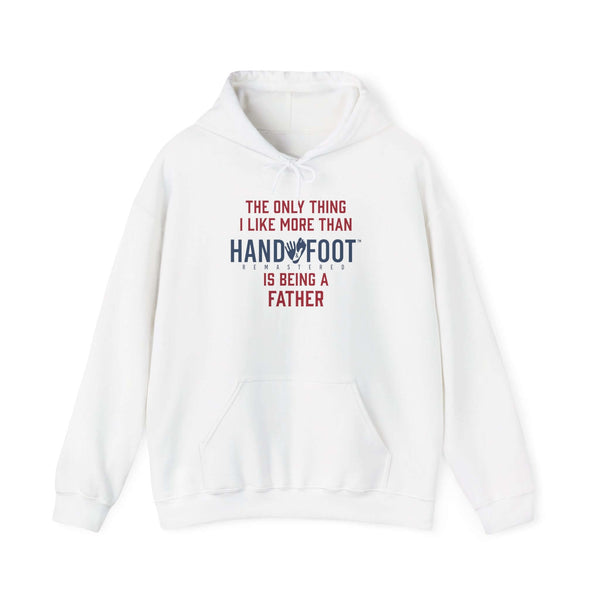 White "Being a Father" hooded sweatshirt featuring playful text, adjustable drawstring hood, and kangaroo pouch for cozy comfort.