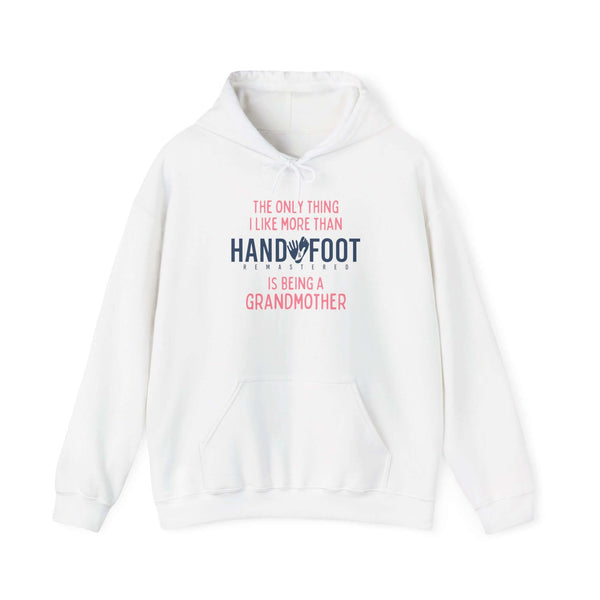 Being a Grandmother Hooded Sweatshirt with hand and foot design, kangaroo pouch pocket, and adjustable drawstring hood.