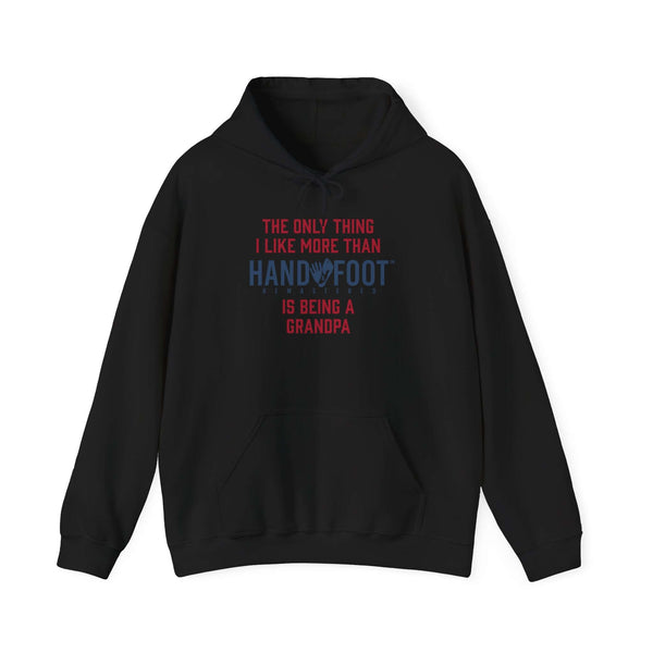 Black "Being a Grandpa" hooded sweatshirt with humorous text, featuring a kangaroo pocket and adjustable drawstring hood for style and comfort.