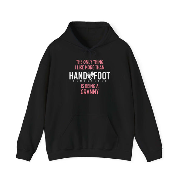 "Being a Granny" black hooded sweatshirt with kangaroo pocket and playful text design.