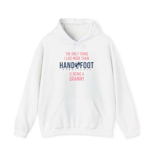 White Being a Granny hooded sweatshirt with playful text design, featuring a kangaroo pocket and adjustable drawstring hood.