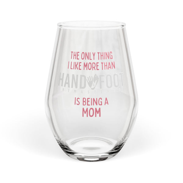"Being a Mom" Hand & Foot stemless wine glass, 11.75 oz capacity, made from high-quality glass with a chic and modern design.