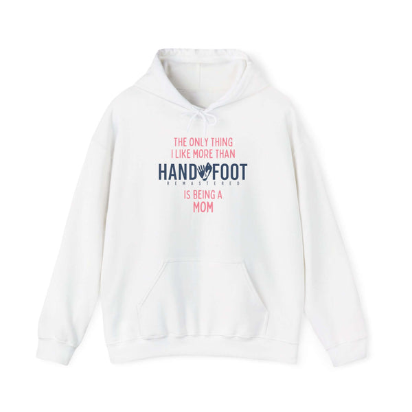White Being a Mom hooded sweatshirt with kangaroo pouch and playful message, perfect for casual outings or lounging in comfort.