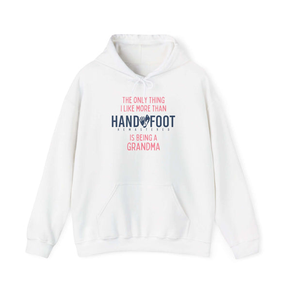 White hooded sweatshirt with playful grandma message and kangaroo pocket, perfect for cozy comfort and casual outings.