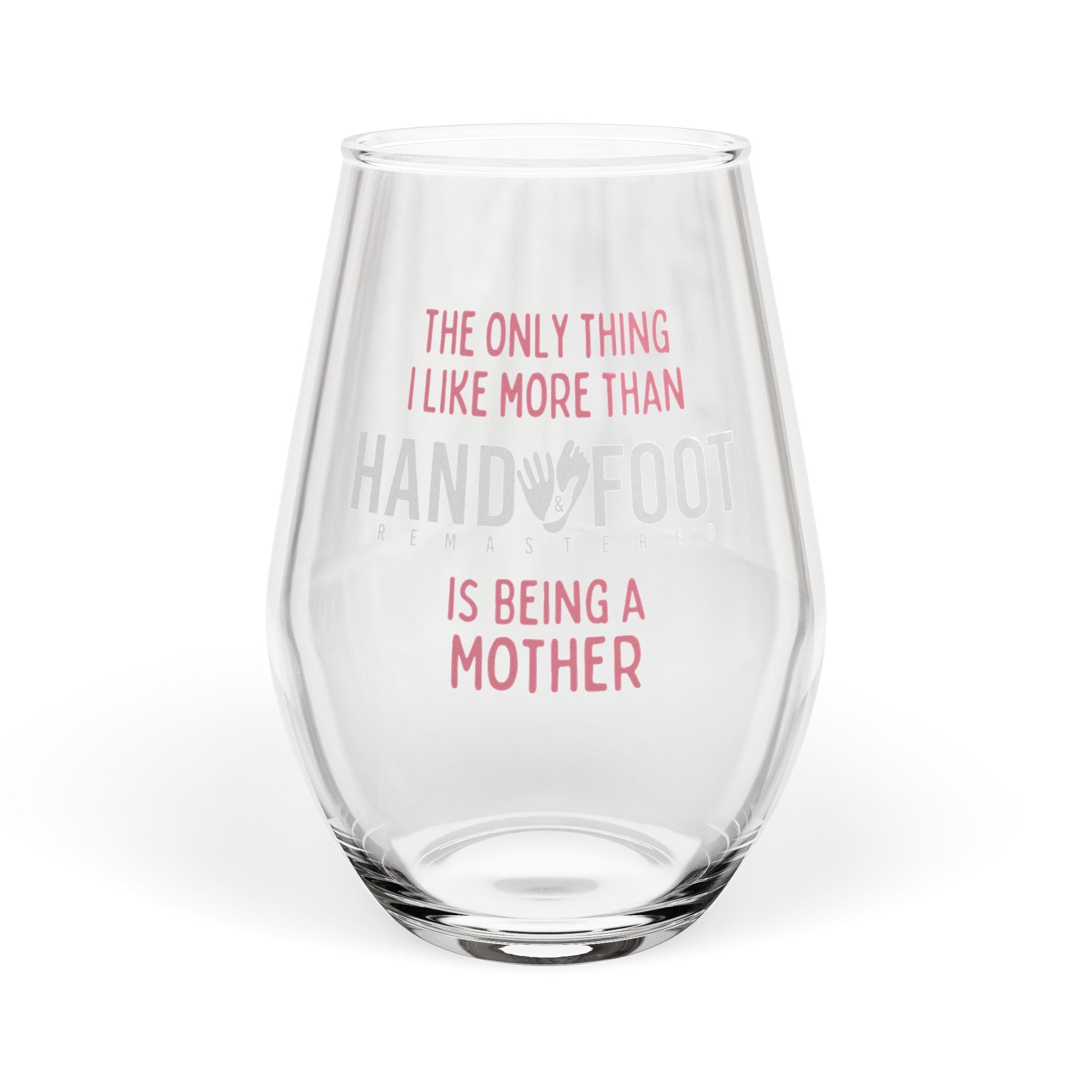 Stemless wine glass with 'Being a Mother' design, 11.75 oz capacity, elegant and glossy finish perfect for wine lovers and mothers.