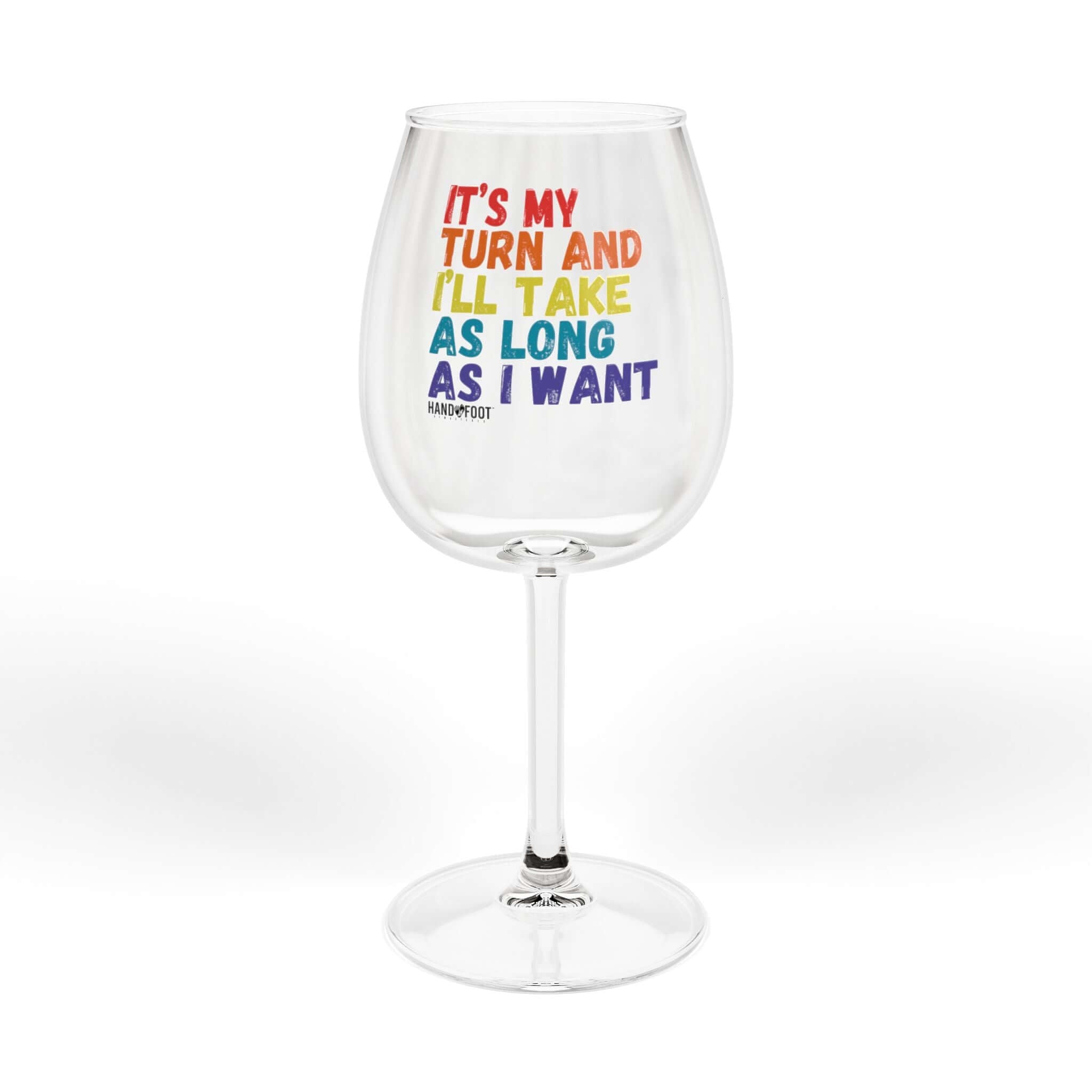 Elegant 12 oz wine glass with colorful text 