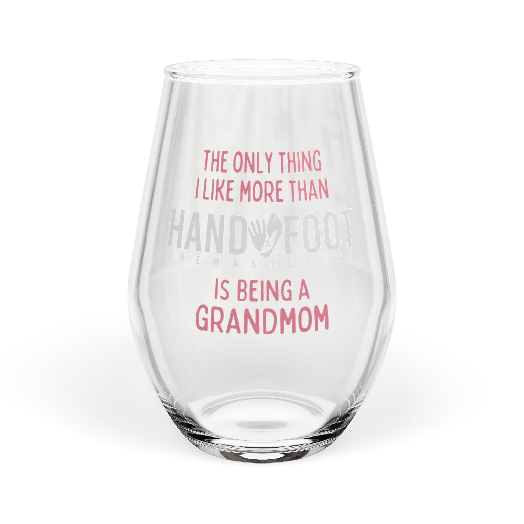 Stemless wine glass with 'Being a Grandmom' text, 11.75 oz capacity, ideal for game and wine pairing, elegant and glossy finish.