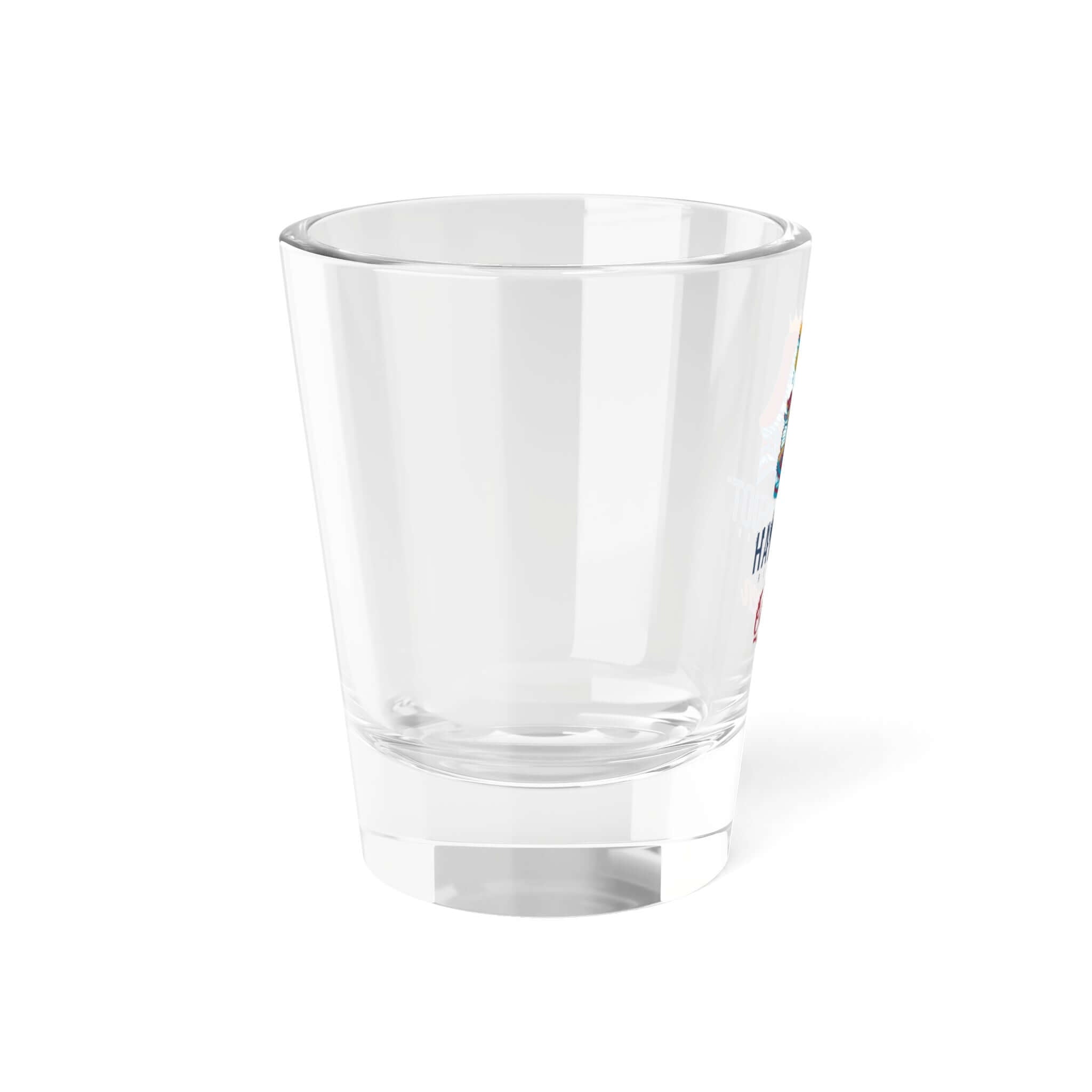 Transparent Hand & Foot Queen shot glass with colorful design for parties and celebrations.