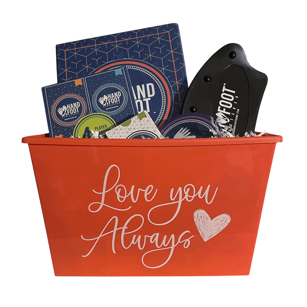 Valentine's Day Hand & Foot Remastered 8 Player Gift Set in red basket with 'Love You Always' message, perfect family gift.