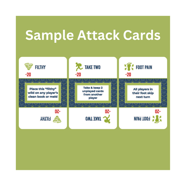 Sample attack cards from Hand & Foot Remastered game featuring unique effects and player interactions.