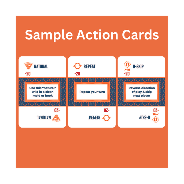 Sample action cards for Hand & Foot Remastered game featuring Natural, Repeat, and U-Skip rules.
