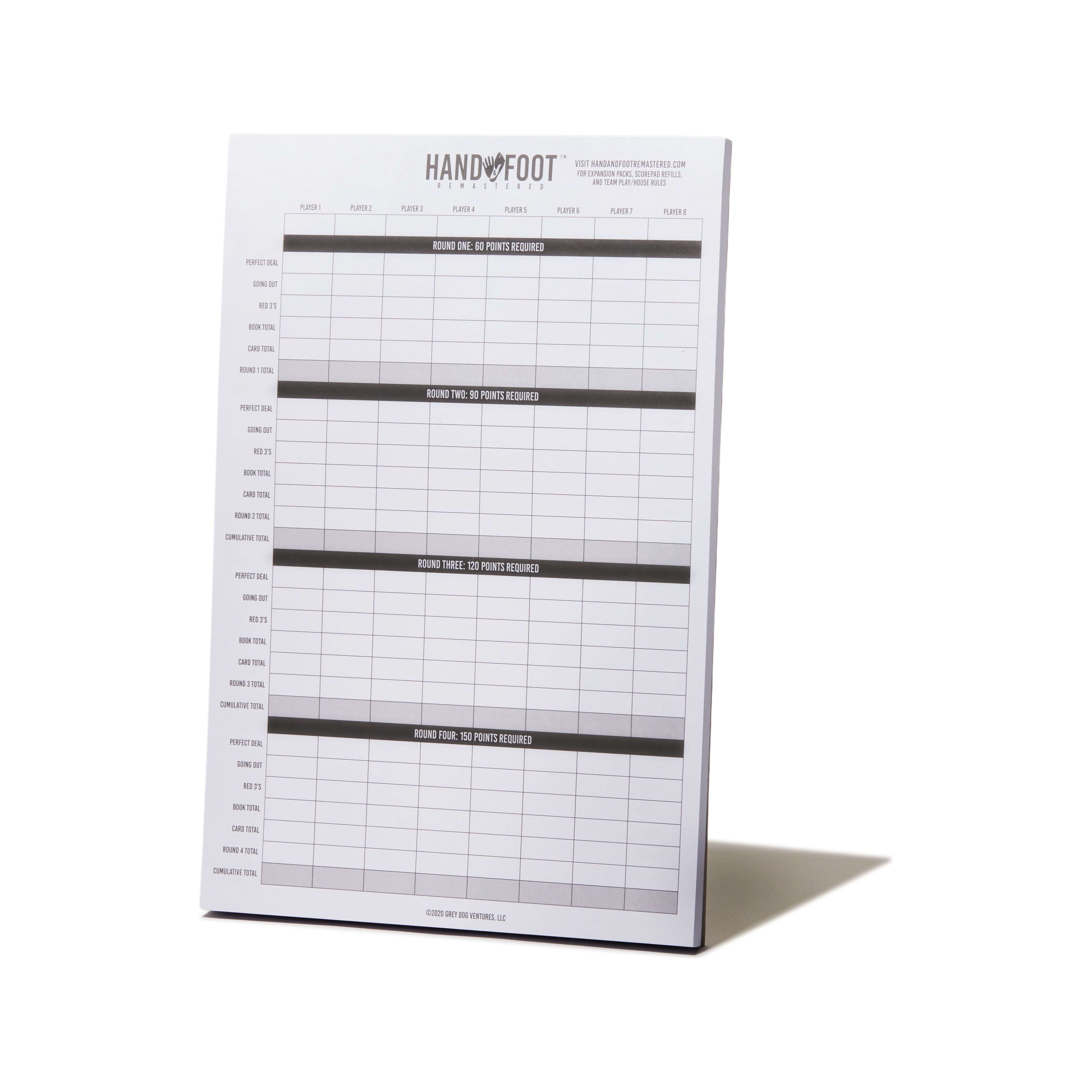 Score sheet from Hand & Foot Remastered Winter Gift Set, perfect for 2-8 players, shown standing upright on a white background.