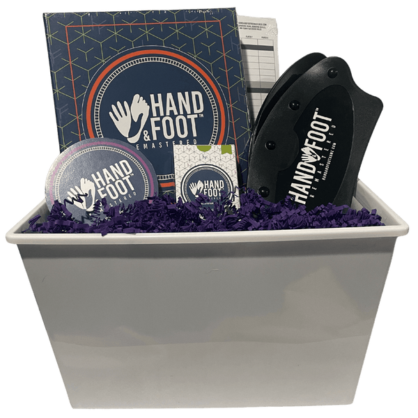 Hand & Foot Remastered Mother's Day Gift Set with playing cards and accessories in a white box, perfect family gift idea.