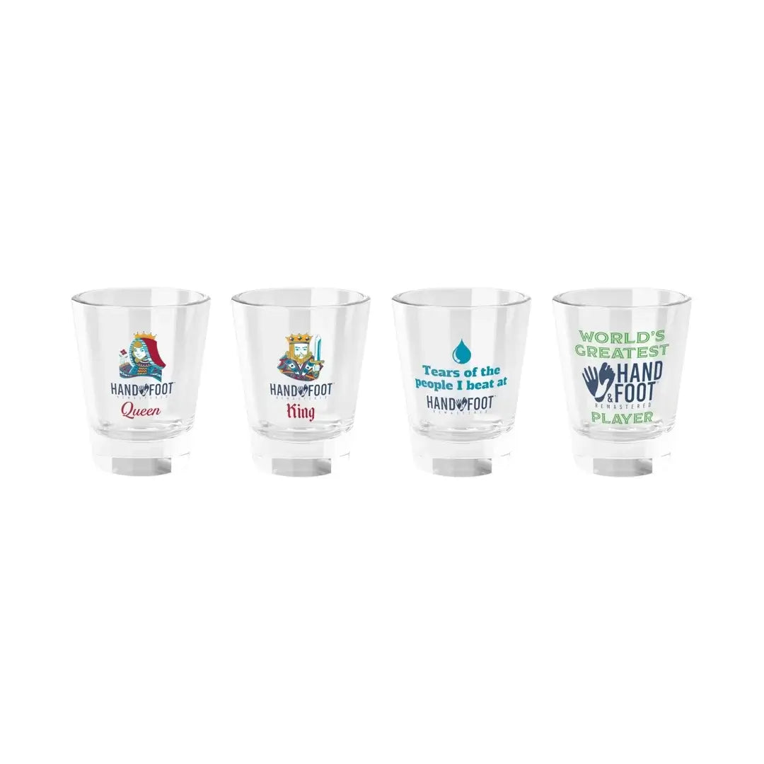 Hand & Foot Remastered Shot Glass Set with four playful designs showcasing vibrant colors for a unique barware collection.