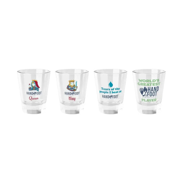 Hand & Foot Remastered Shot Glass Set with four playful designs showcasing vibrant colors for a unique barware collection.