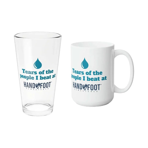 Tears of the People I Beat Mug & Glass Bundle; ceramic mug and pint glass for Hand & Foot Remastered game nights.