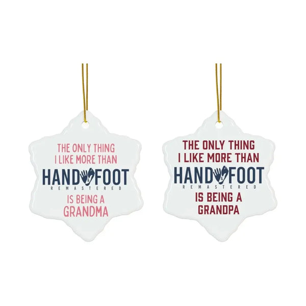 Ceramic ornaments for grandparents, snowflake shape, "Being a Grandma" and "Being a Grandpa" design, gold-toned hanging strings.
