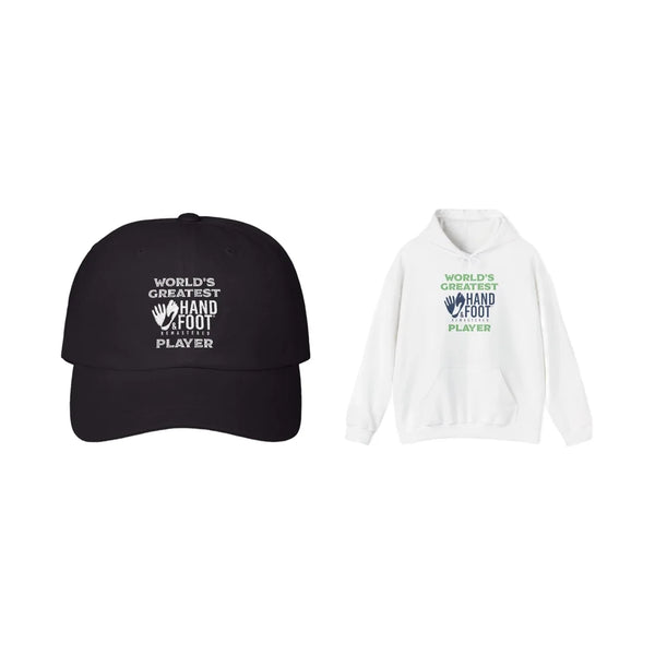 World's Greatest Player Dad Cap and Hoodie Bundle featuring black cap and white sweatshirt with playful message print.