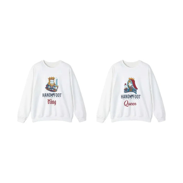Hand & Foot King and Queen Crewneck Sweatshirt Pack featuring royalty-themed designs on white Gildan heavy blend fabric.