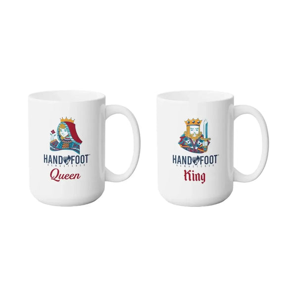 Hand & Foot Royalty Queen and King 15oz Ceramic Mugs, perfect for coffee lovers and fans of the game, lead and BPA-free.
