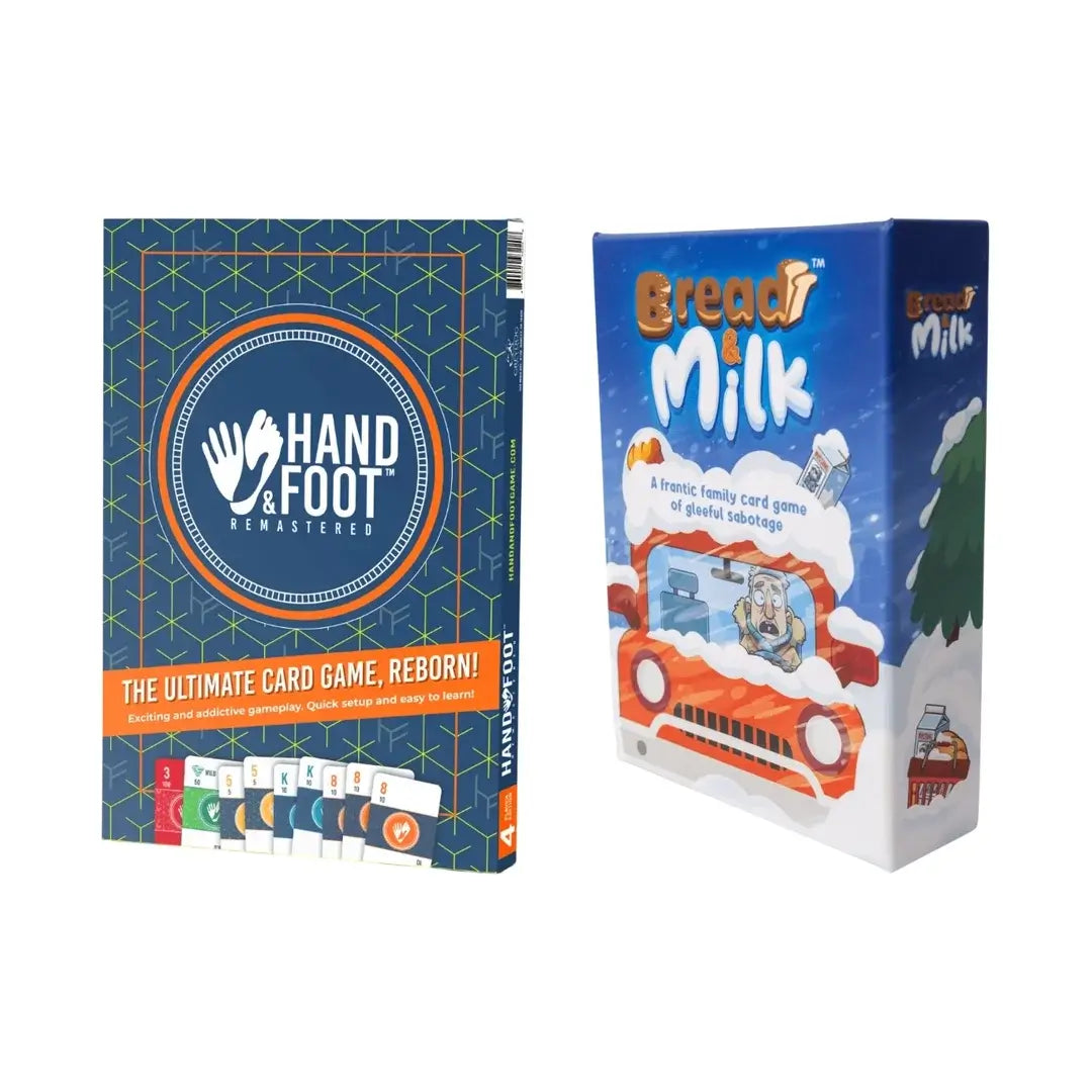 Hand & Foot Remastered with Bread & Milk Family Card Game boxes